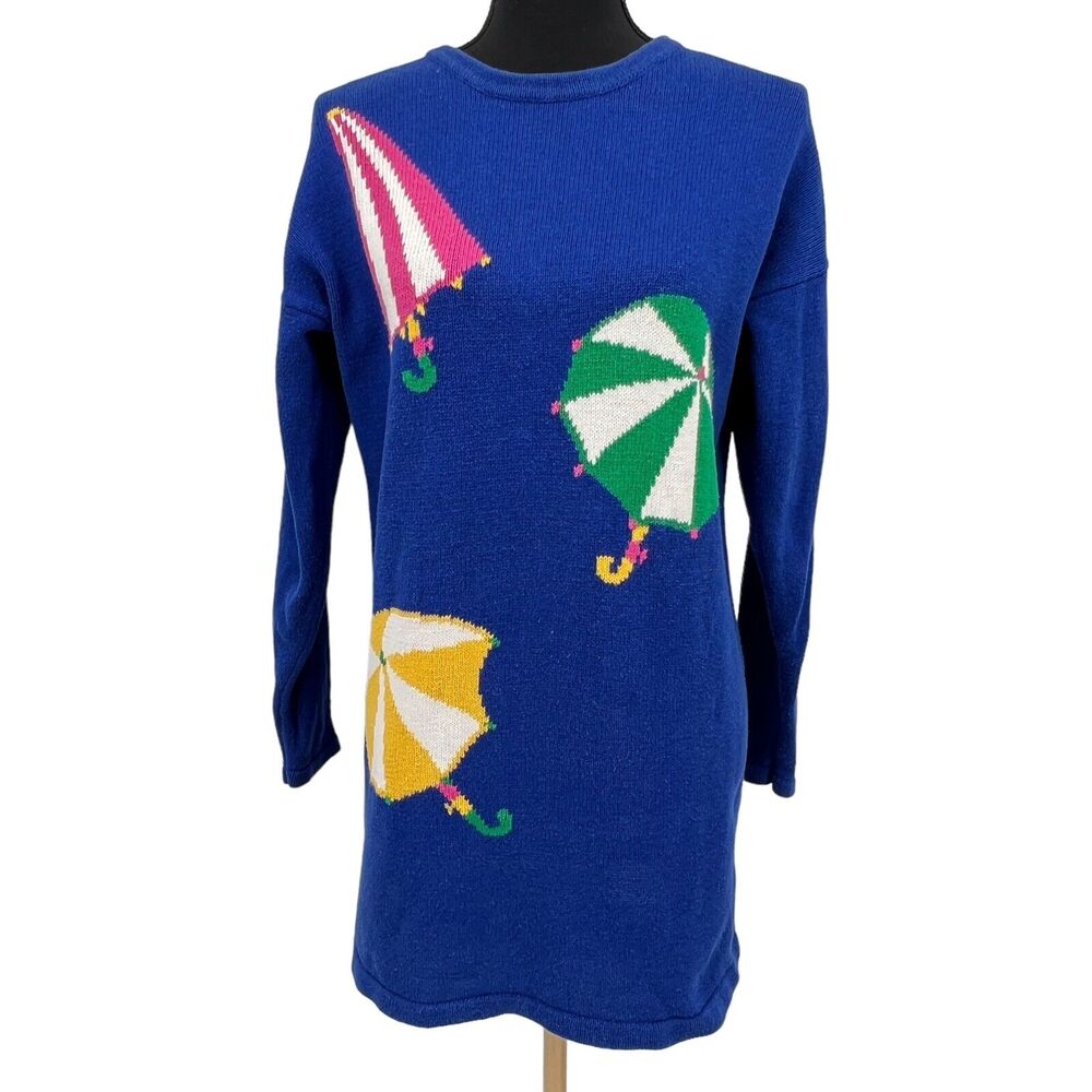 Vintage Picone Sport Womens Beach Print Oversized Sweater Blue‎ Crewneck 80s